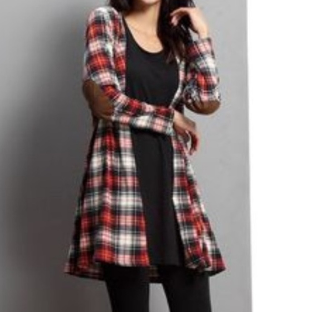 Reborn 1X Plaid Lightweight Open Front Duster / Cardigan / Top w/ Elbow Patches.